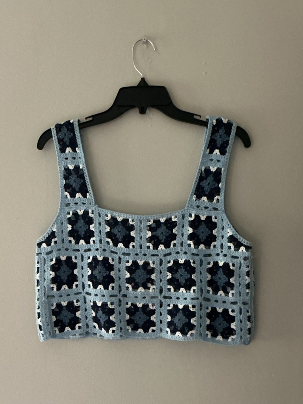Blue & White  Square Neck Crochet Crop Top